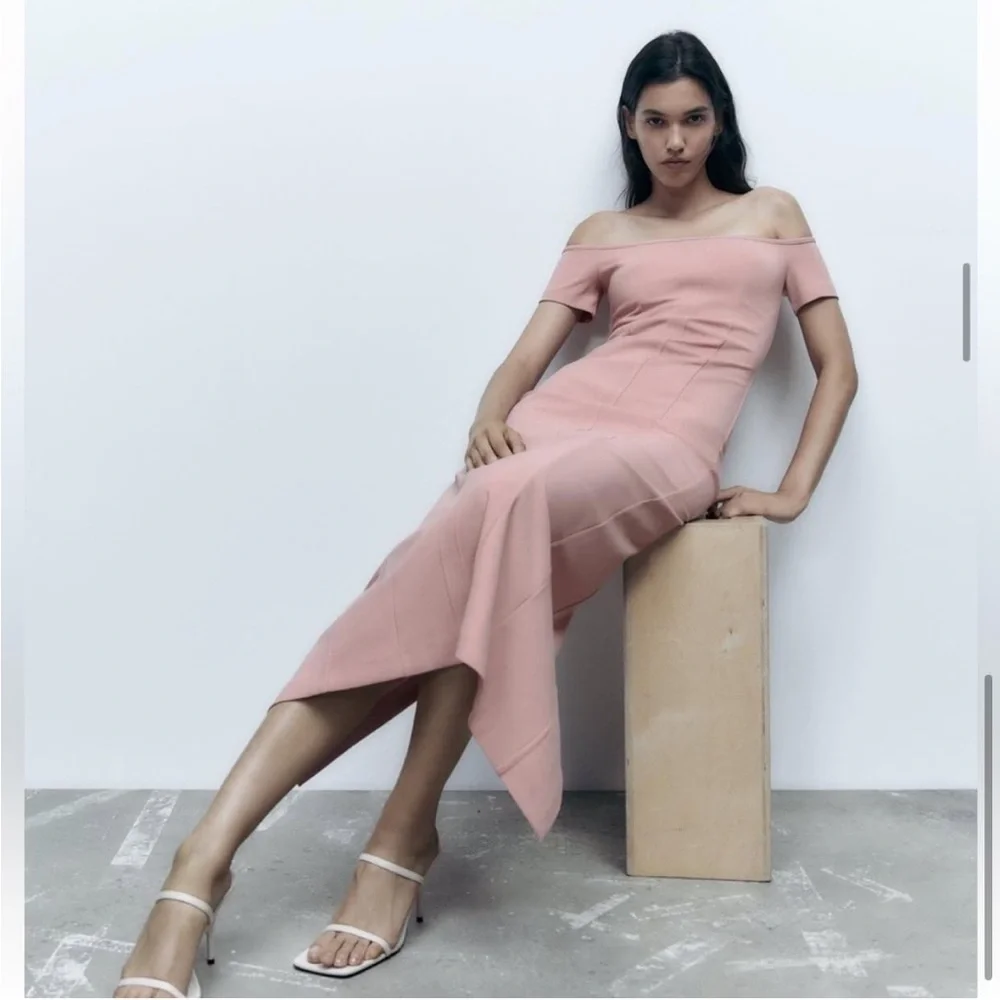 🆕(NWT) ZARA Bloggers Fav Blush Pink Off-The-Shoulder Sheath Midi/Maxi Dress. LG - Picture 7 of 15
